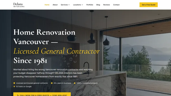 DELANA Interiors website homepage — West Vancouver general contractor site built by IshaanEx Digital