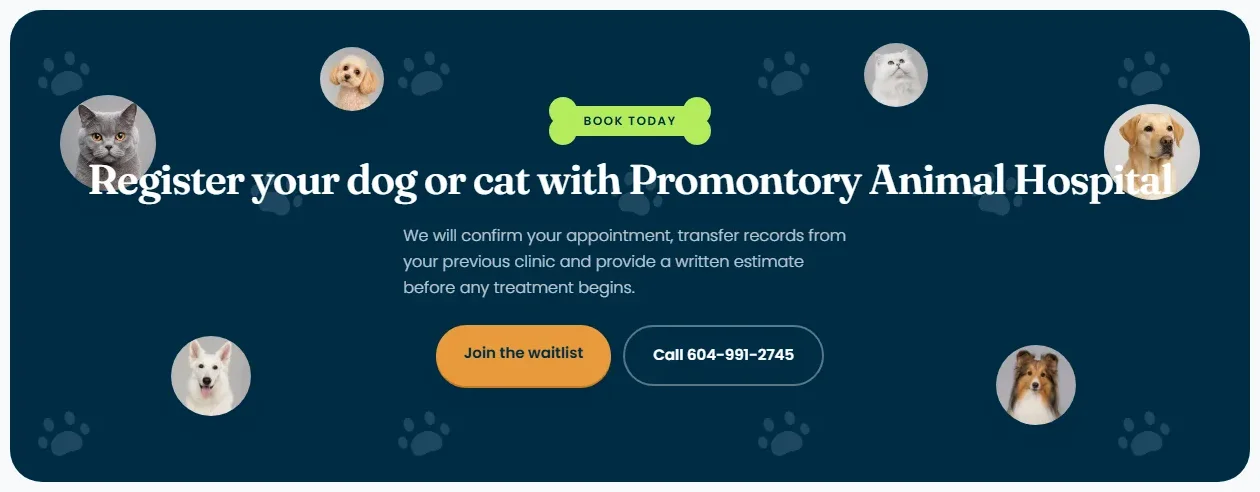Promontory Animal Hospital booking call-to-action with dog and cat portraits and a bone-shaped label