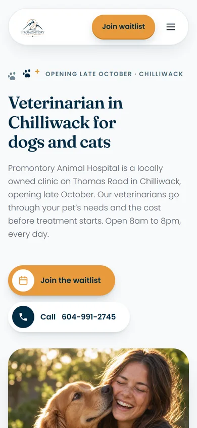 Promontory Animal Hospital website on a phone, mobile-first layout for a Chilliwack vet clinic website