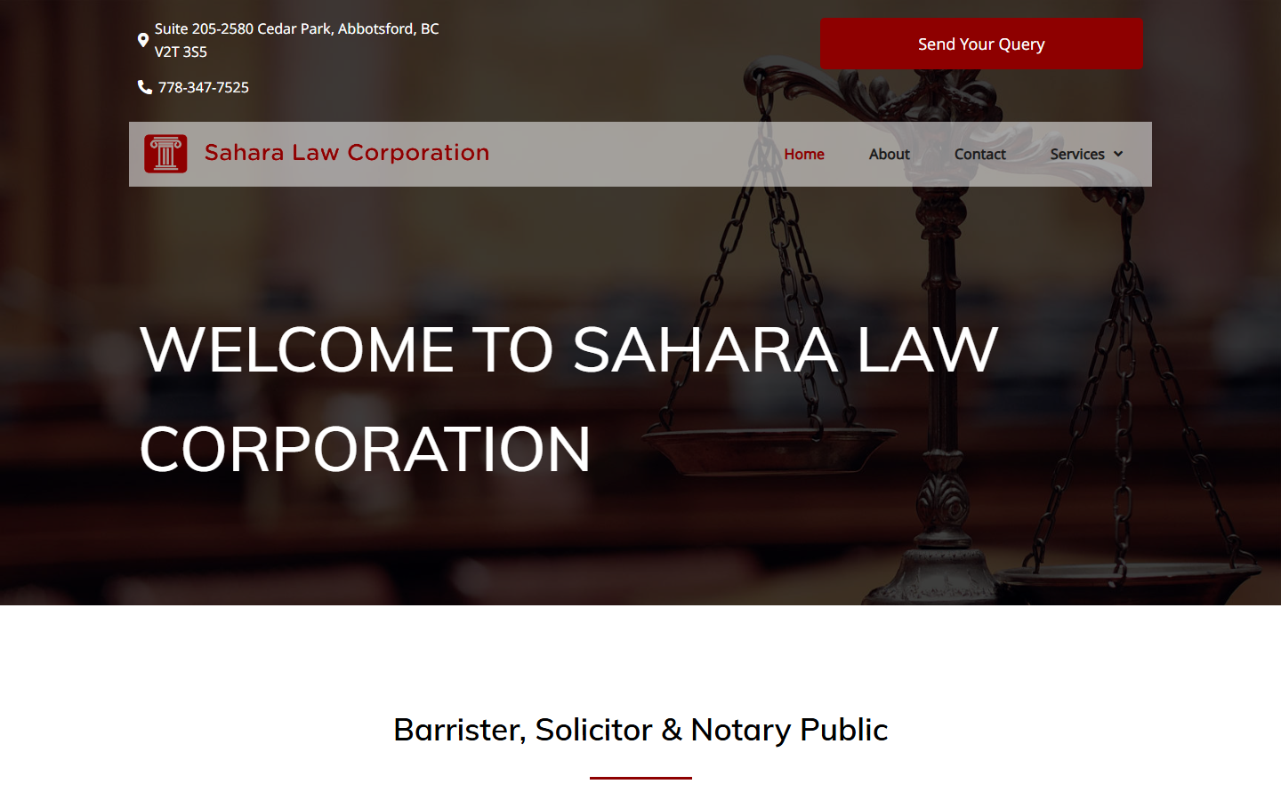 Sahara Law Corporation website homepage — Abbotsford BC law firm, custom WordPress build by IshaanEx Digital