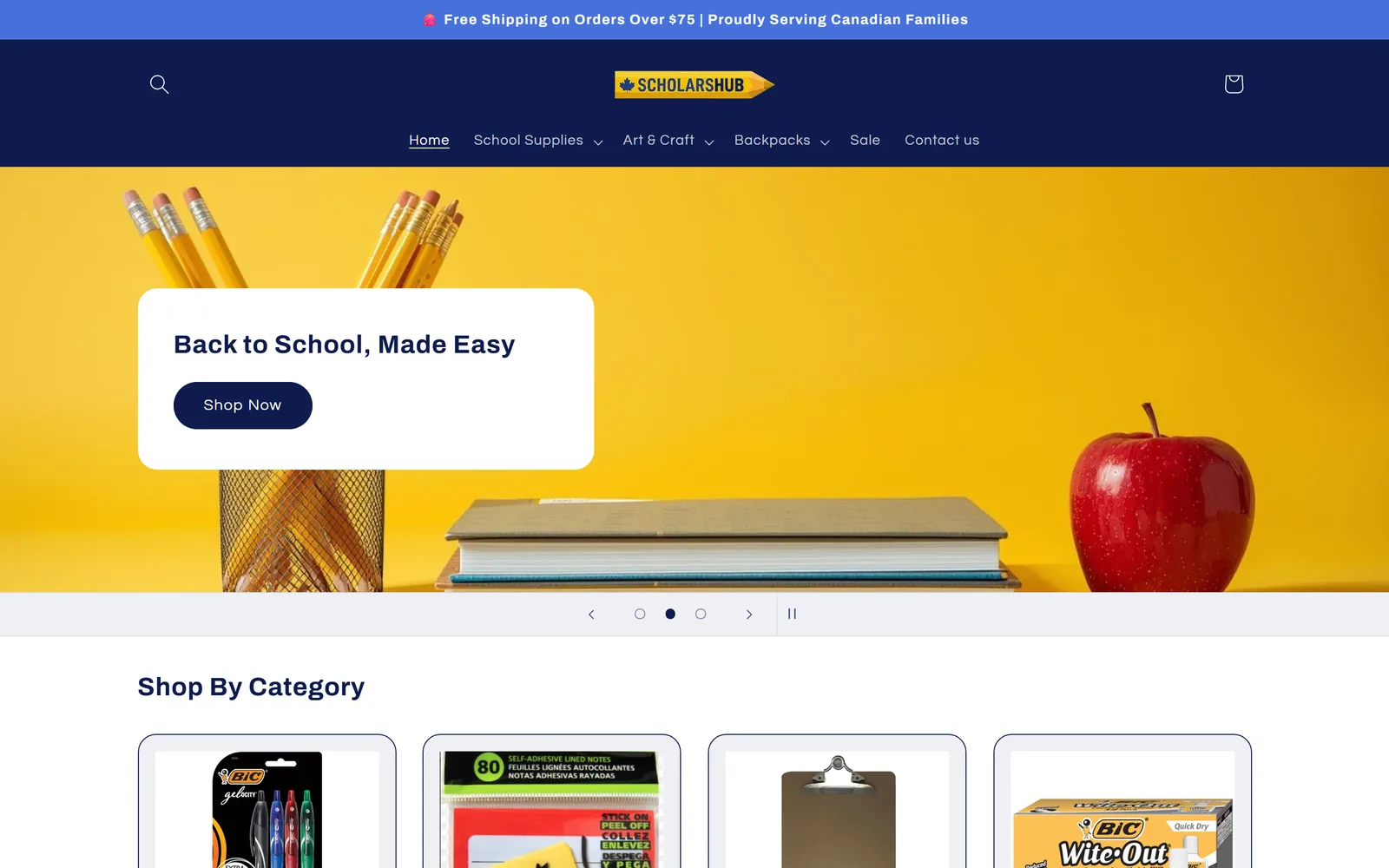 Scholars Hub Shopify store homepage — a back-to-school ecommerce site built by IshaanEx Digital for a Surrey, BC retailer