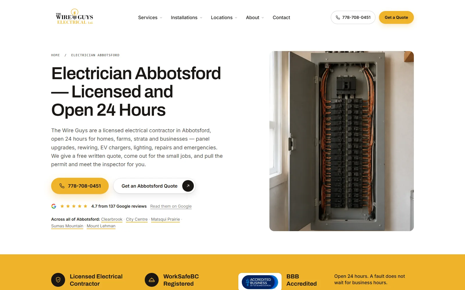 The Wire Guys Abbotsford electrician city page, one of 11 city pages on the site