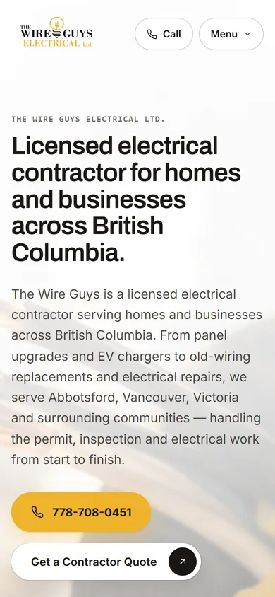 The Wire Guys website on a phone, mobile-first electrician website design with a large call button