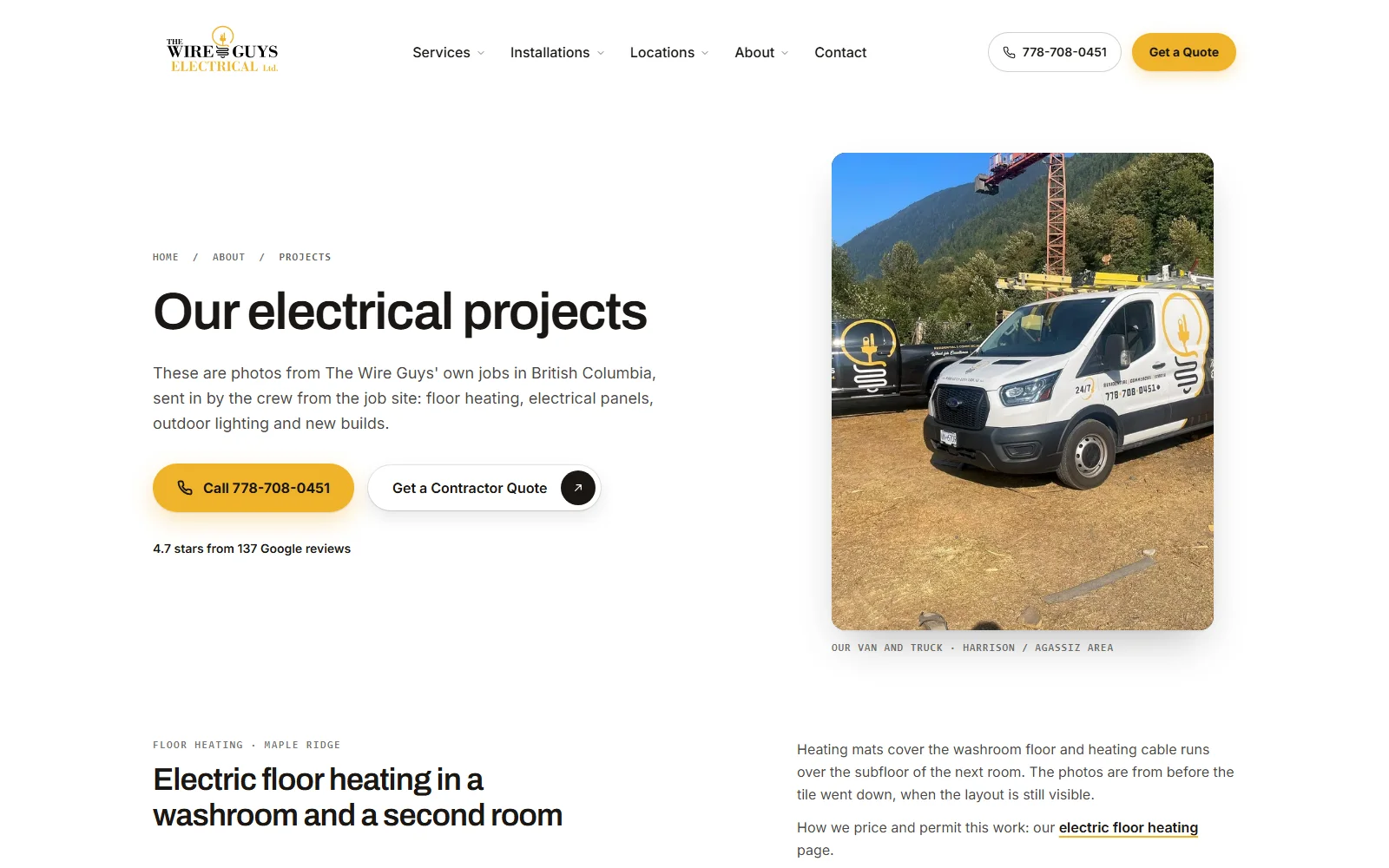The Wire Guys projects page with real job photos sent in by the electrical crew