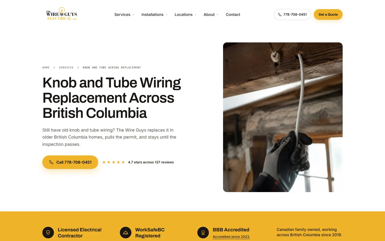 The Wire Guys knob and tube wiring replacement page, electrician website design by IshaanEx Digital