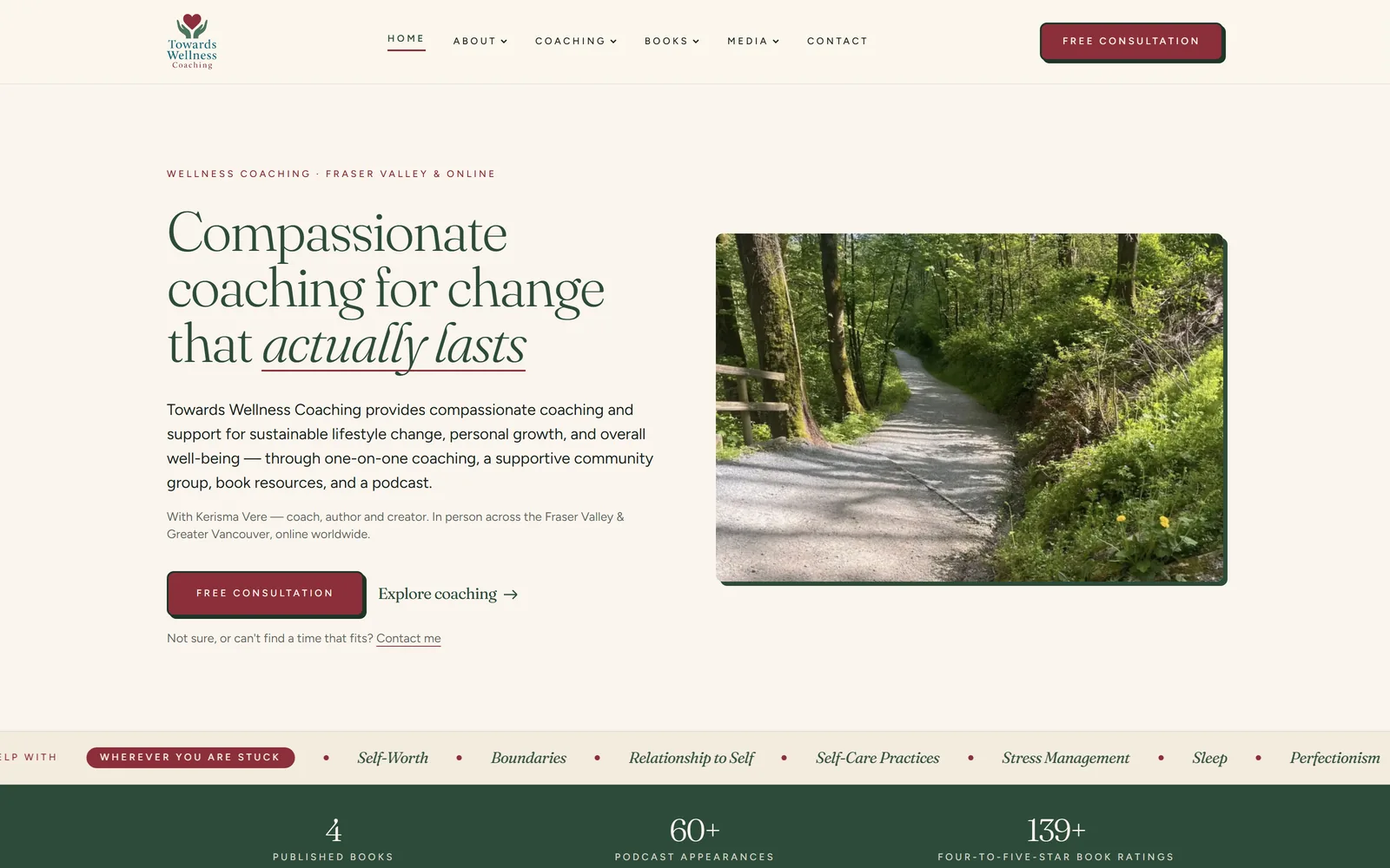 Towards Wellness Coaching website homepage — Fraser Valley wellness coach Kerisma Vere, custom-coded by IshaanEx Digital