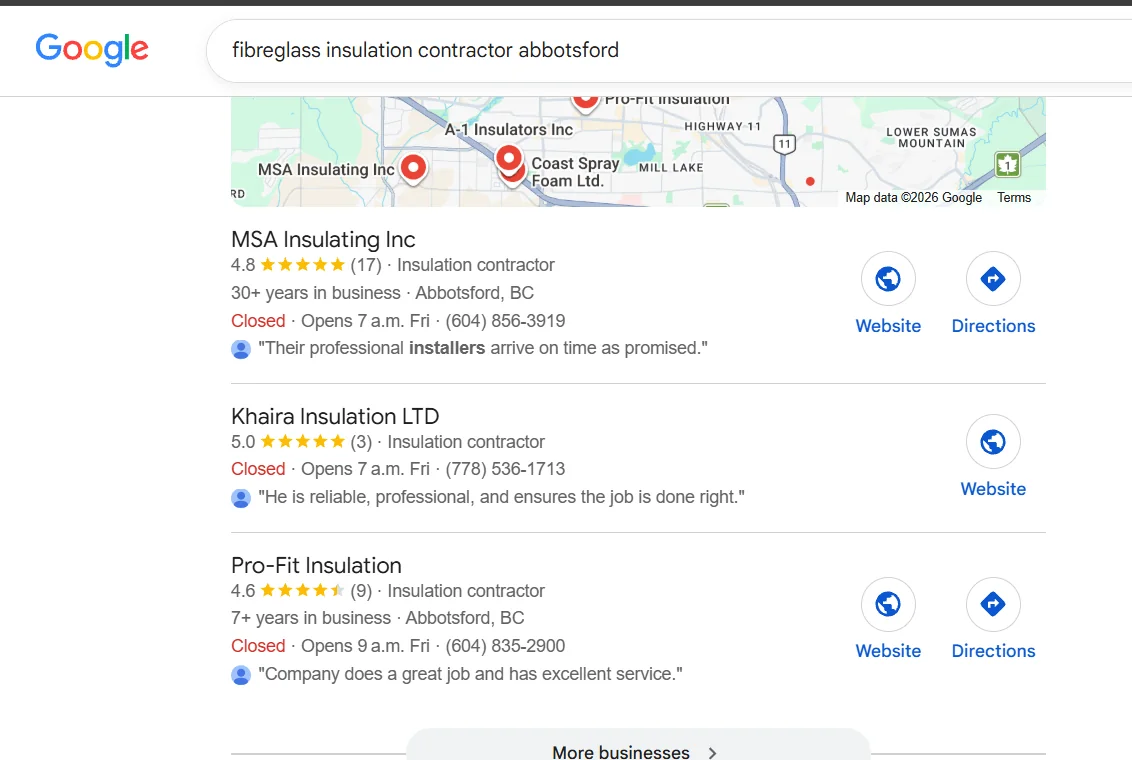 Google Map Pack ranking for fibreglass insulation contractor abbotsford — Khaira Insulation LTD listed second of three local results
