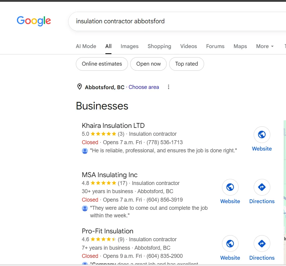 Google Map Pack ranking #1 for insulation contractor abbotsford — Khaira Insulation LTD at 5.0 stars, above MSA Insulating and Pro-Fit Insulation