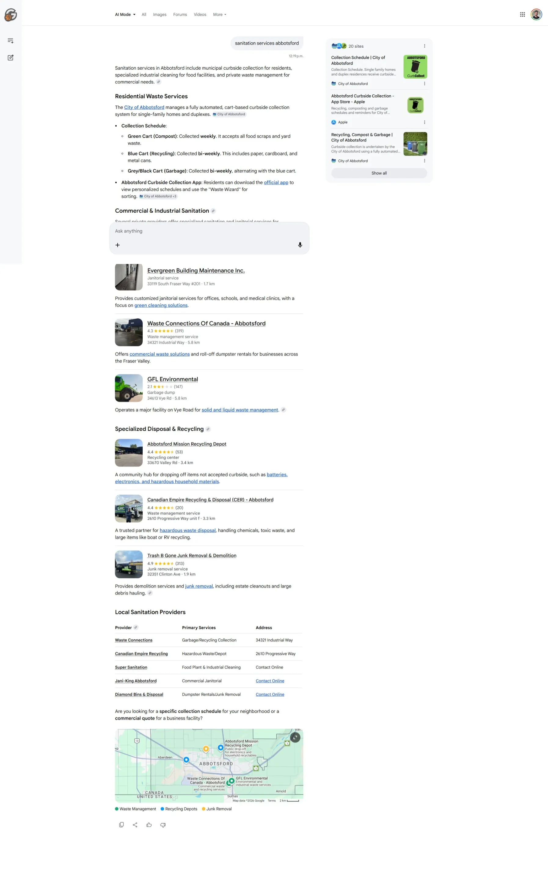 Google AI Mode result for 'dog walking chilliwack' citing Paws by the River Dog Services with 5.0 stars, 25 reviews and verbatim description — verified 2026-04-19