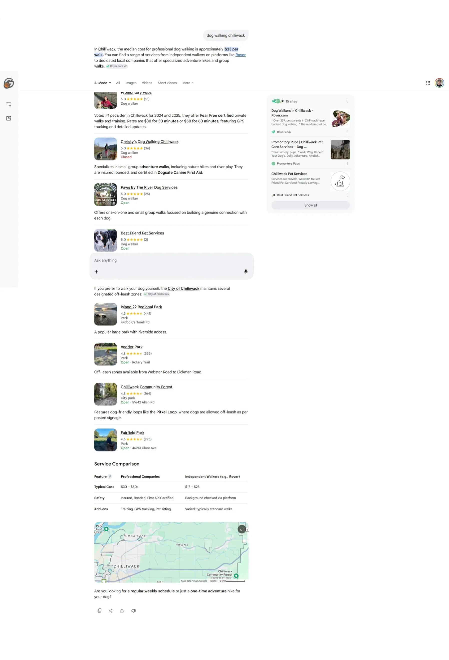 Google AI Mode result for 'sanitation services abbotsford' citing Super Sanitation by name with audit-ready food plant sanitation description — verified 2026-04-19