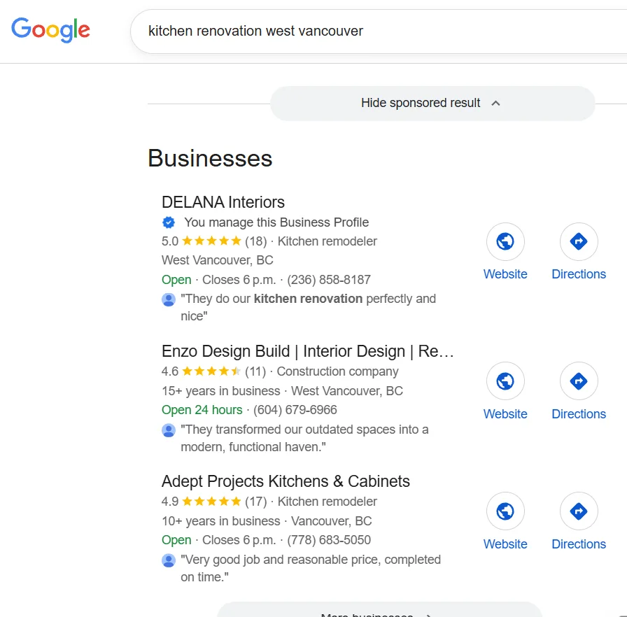 Google Map Pack screenshot showing DELANA Interiors ranked number 1 for kitchen renovation in West Vancouver despite having far fewer reviews than the businesses below it.
