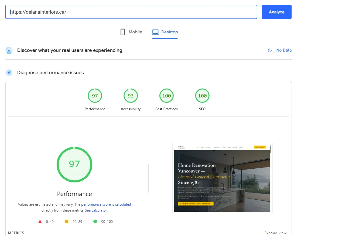 Google PageSpeed Insights report for delanainteriors.ca showing perfect 100 of 100 Google SEO audit score — verified 2026-04-19