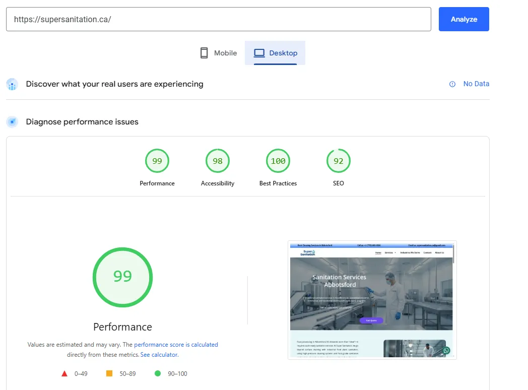 Google PageSpeed Insights report for supersanitation.ca showing SEO score 92 of 100 with on-page SEO structure — verified 2026-04-19