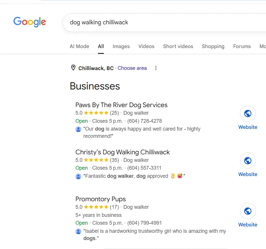 Google Maps 3-pack screenshot showing Paws by the River ranked number 1 for dog walking in Chilliwack, ahead of a competitor with more reviews.