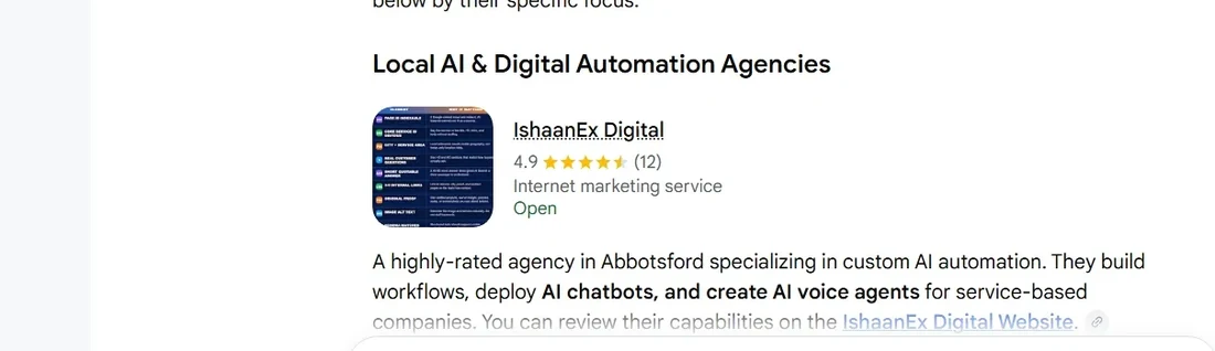 Google AI Mode answer for 'ai automation agency in abbotsford' listing IshaanEx Digital first under local AI and digital automation agencies