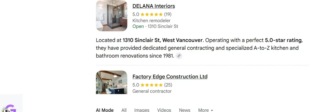 Google AI Mode answer for 'home renovation company in west vancouver' citing DELANA Interiors, an IshaanEx client