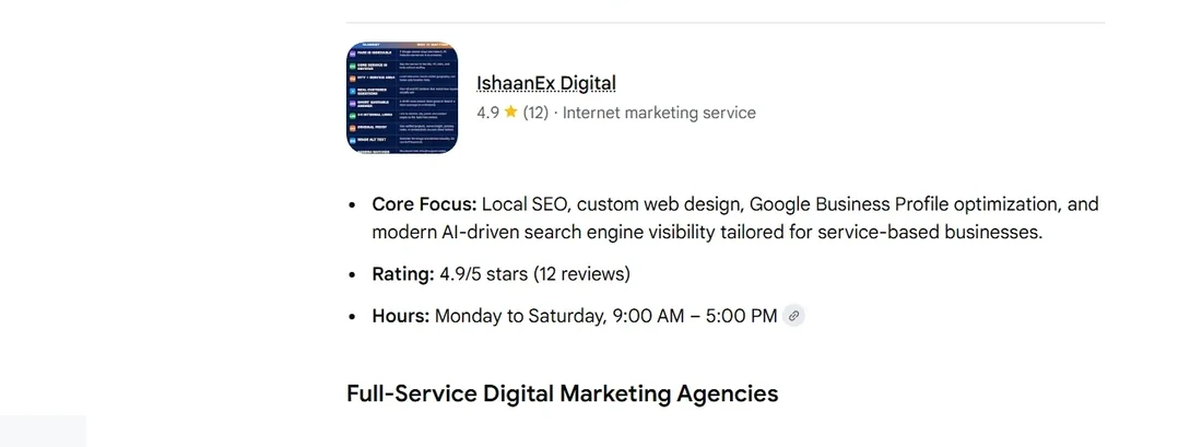 Google AI Mode answer for 'seo company in abbotsford' citing IshaanEx Digital