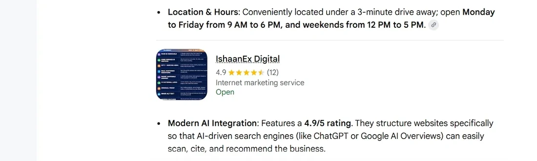 Google AI Mode answer for 'web design agency in abbotsford' citing IshaanEx Digital, noting the site is built so AI engines can scan, cite, and recommend it
