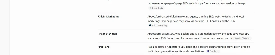 ChatGPT answer for 'SEO agencies in Abbotsford' listing IshaanEx Digital among the recommended agencies