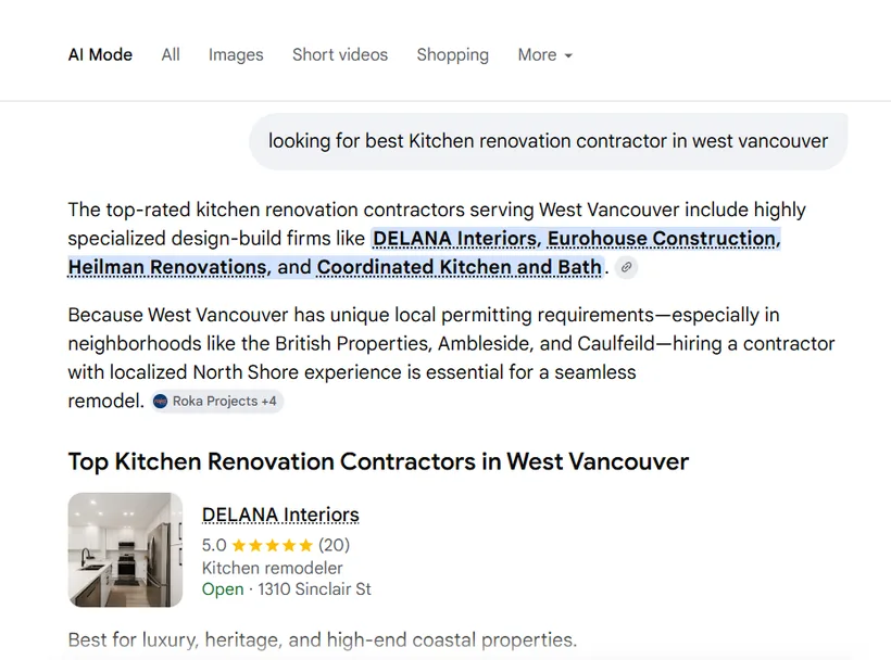 Google AI Mode citing DELANA Interiors by name for kitchen renovation in West Vancouver