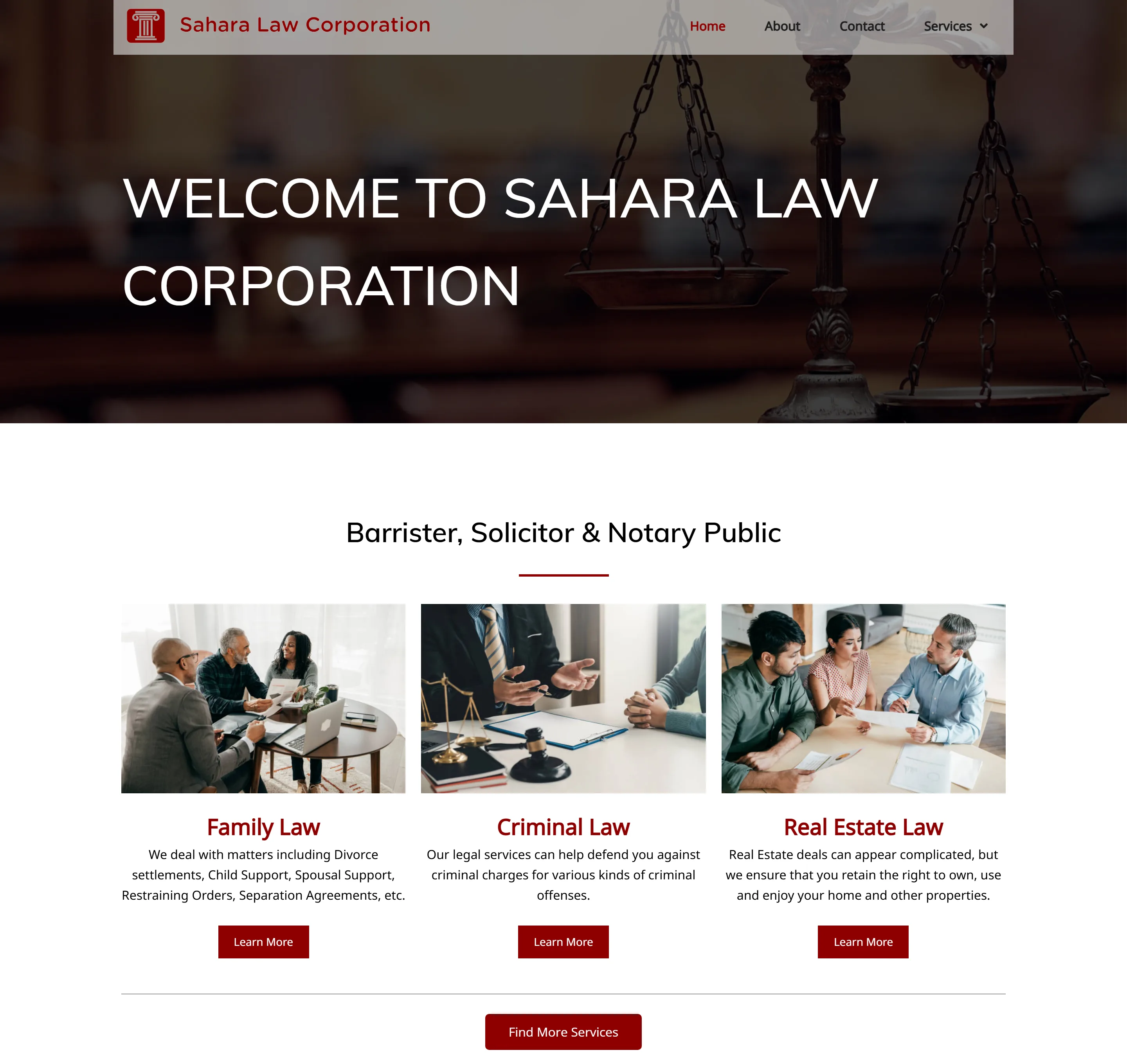 Law firm web design examples — the Sahara Law Corporation homepage showing one page per practice area