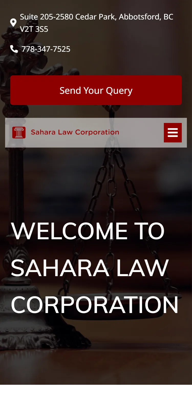 The Sahara Law Corporation site on a phone, with tap-to-call in the header