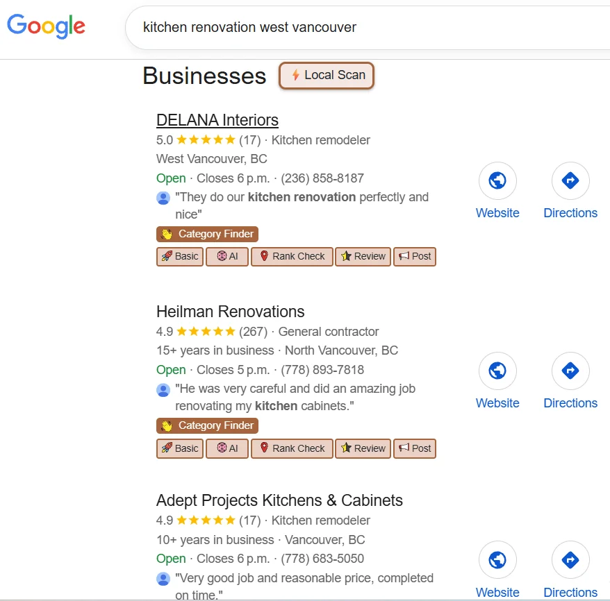 Google Map Pack screenshot showing DELANA Interiors ranked number 1 for kitchen renovation in West Vancouver, above Heilman Renovations which has 267 reviews and Enzo Design Build. Captured April 2026.