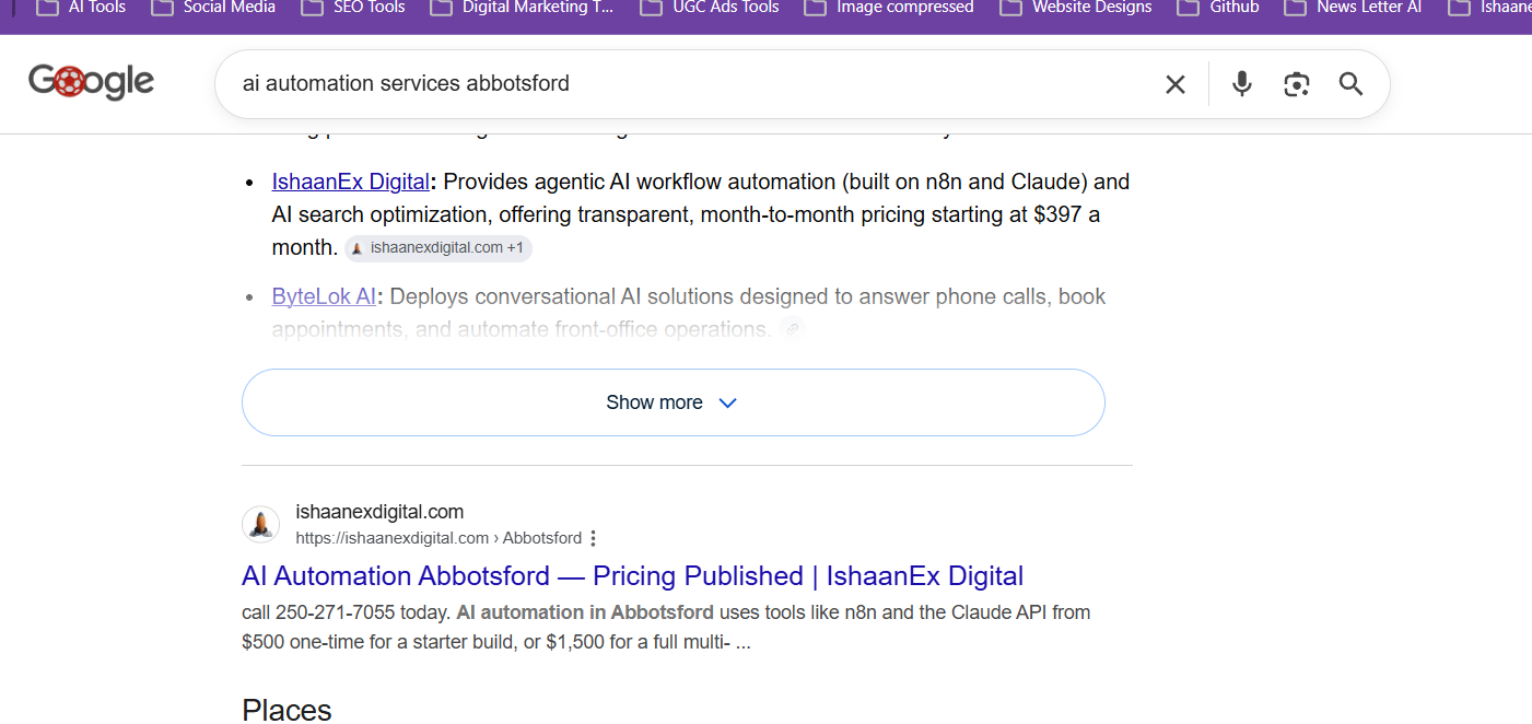 Google result showing IshaanEx Digital page-one visibility for ai automation services abbotsford