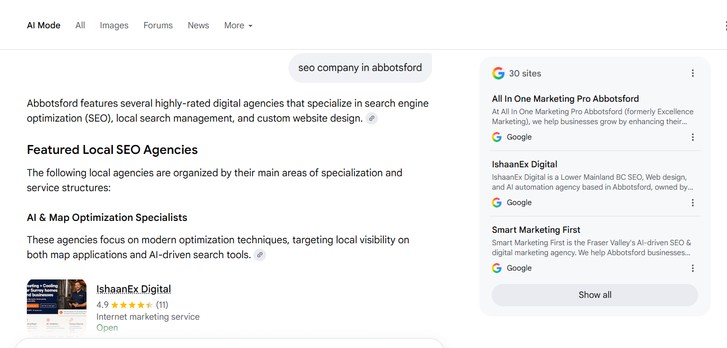 Google AI Mode showing IshaanEx Digital cited for seo company in Abbotsford