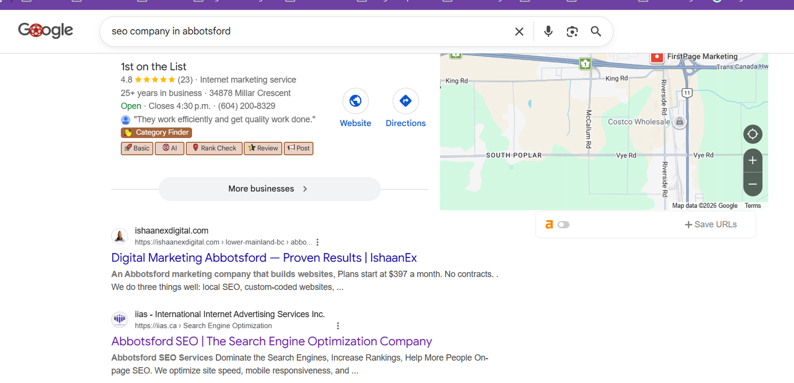 Google result showing IshaanEx Digital as the first organic result for seo company in abbotsford