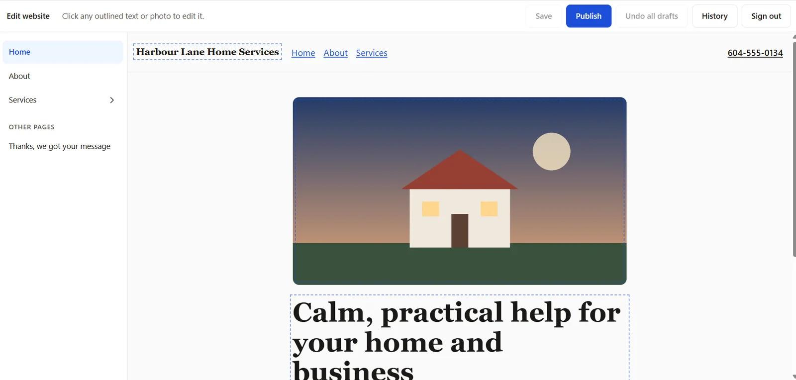 Home page of a demo website shown inside the editor, with the hero photo and main heading outlined for editing