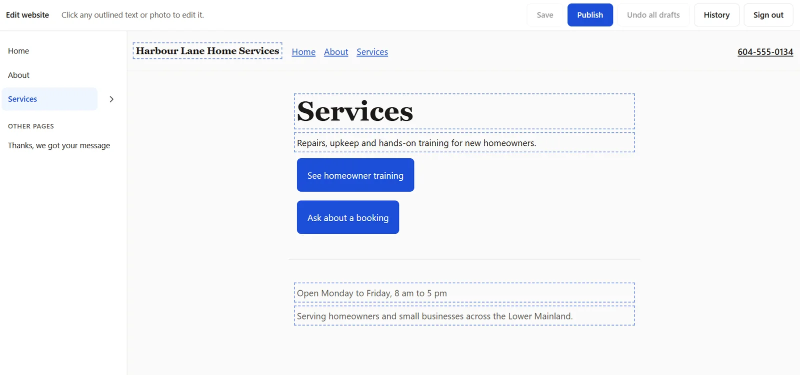 Demo website editor with dashed outlines around every heading, line of text and button that the owner can edit