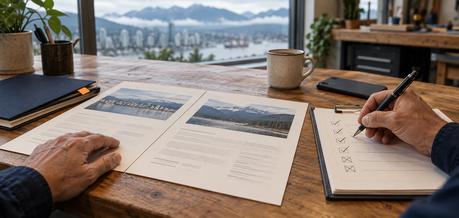 A business owner's hands ticking a checklist beside two printed SEO proposals on a desk overlooking Vancouver