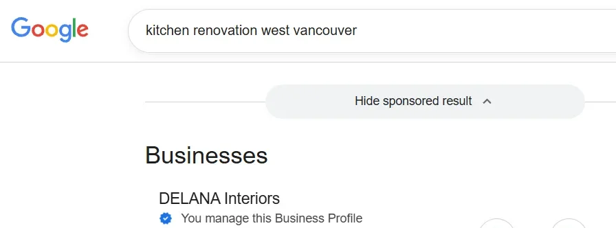 Google search for kitchen renovation west vancouver showing DELANA Interiors listed first under Businesses