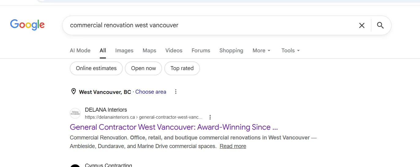 DELANA Interiors ranking on Google for commercial renovation west vancouver