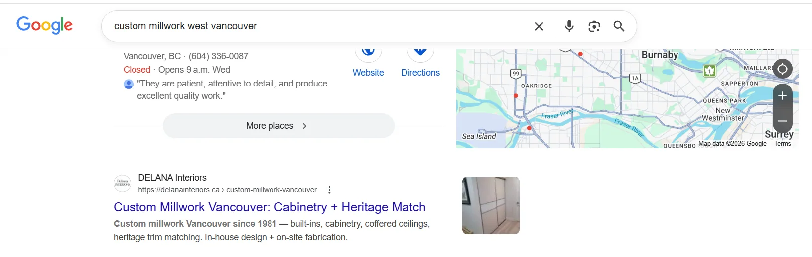 DELANA Interiors ranking on Google for custom millwork west vancouver