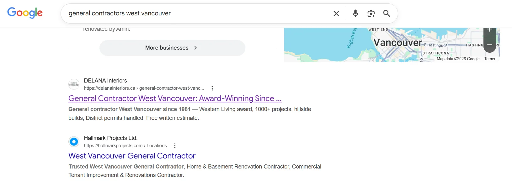 DELANA Interiors ranking on Google for general contractors west vancouver