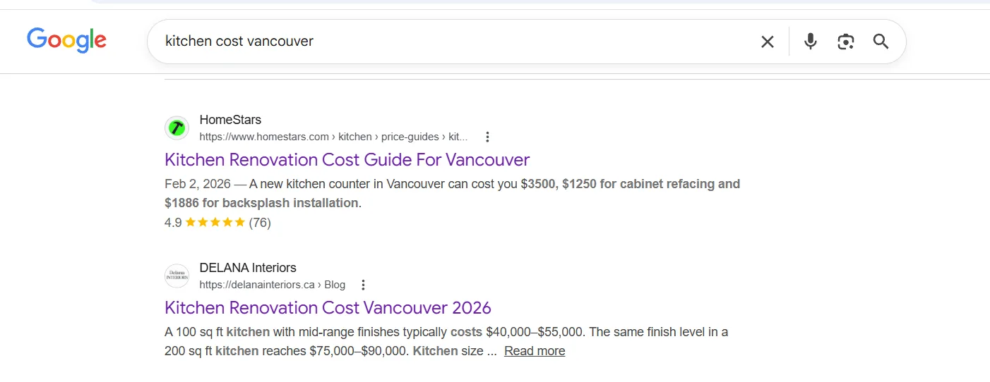 DELANA Interiors blog ranking on Google for kitchen renovation cost vancouver
