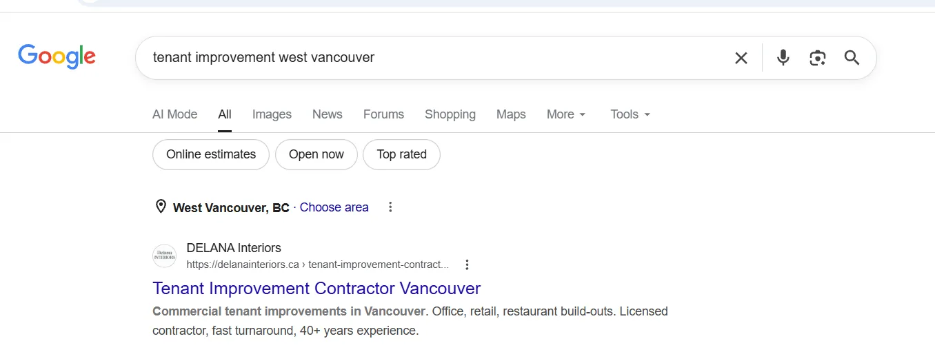 DELANA Interiors ranking on Google for tenant improvement west vancouver
