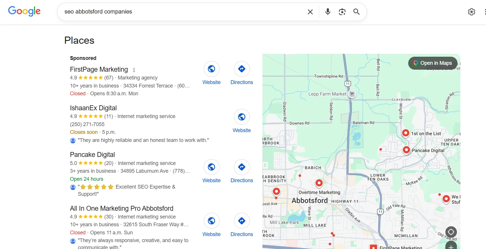 IshaanEx Digital showing in Google Places for seo abbotsford companies