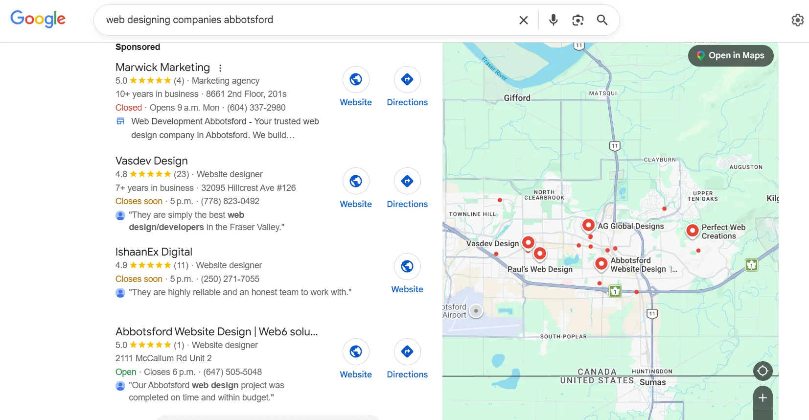 IshaanEx Digital showing in Google Places for web designing companies abbotsford