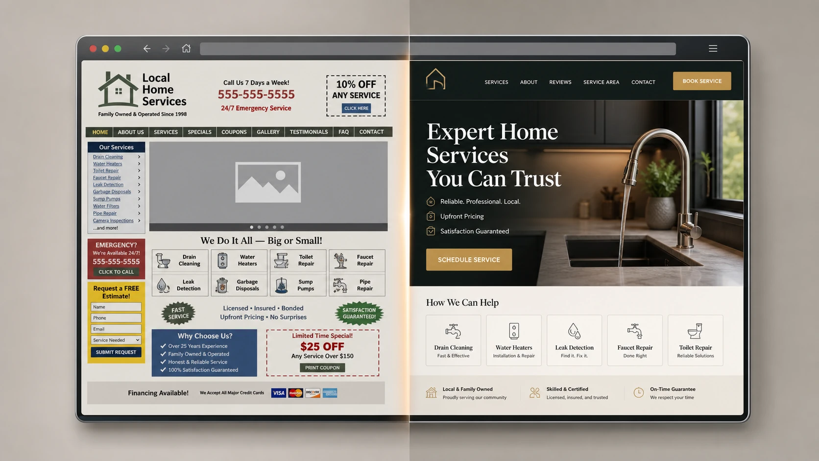 Website redesign Abbotsford comparison showing a cluttered dated home-services website on the left and the same business reorganised as a modern premium website on the right