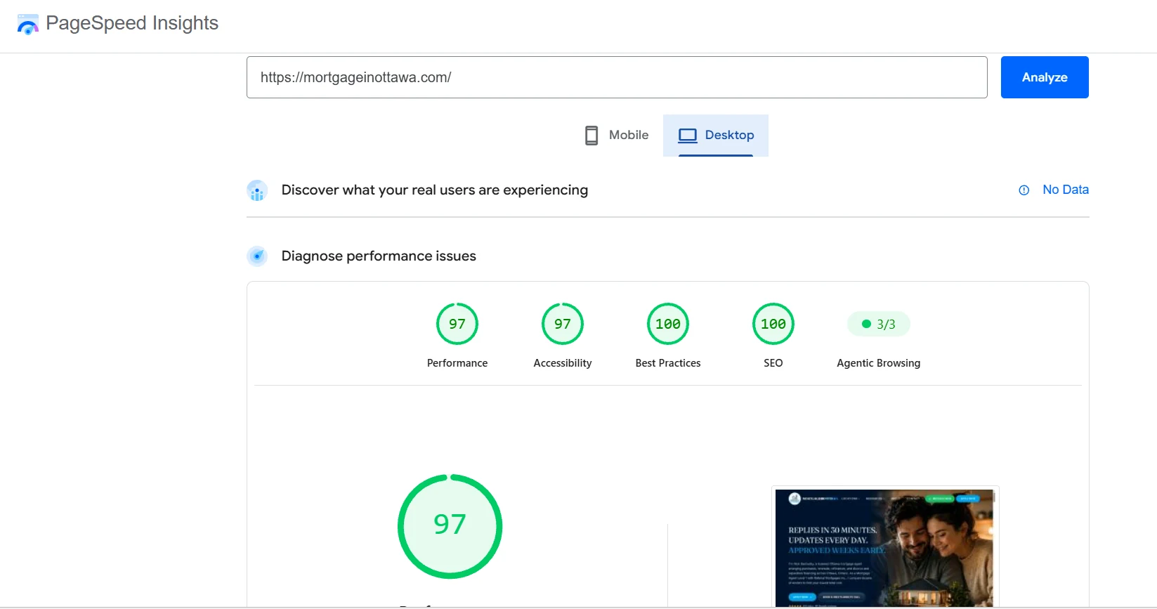 Google PageSpeed Insights desktop report for the redesigned Mortgage in Ottawa website showing 97 Performance, 97 Accessibility, 100 Best Practices, 100 SEO, and three of three applicable Agentic Browsing checks, with no real-user field data available
