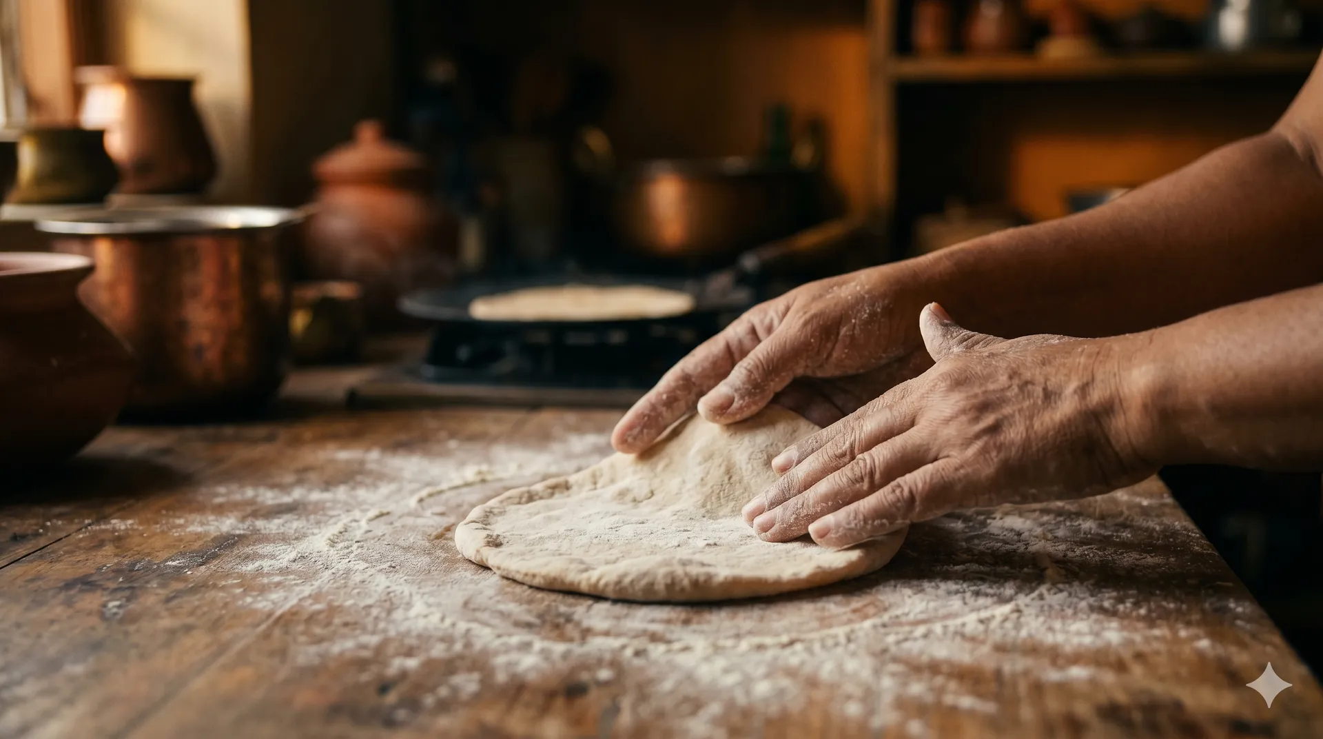 Hands shaping roti dough in a warm kitchen — Amara Indian Kitchen concept hero
