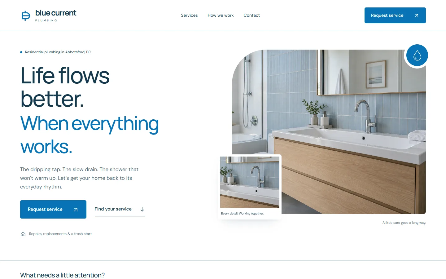 Blue Current Plumbing homepage with blue typography and a bright bathroom photograph