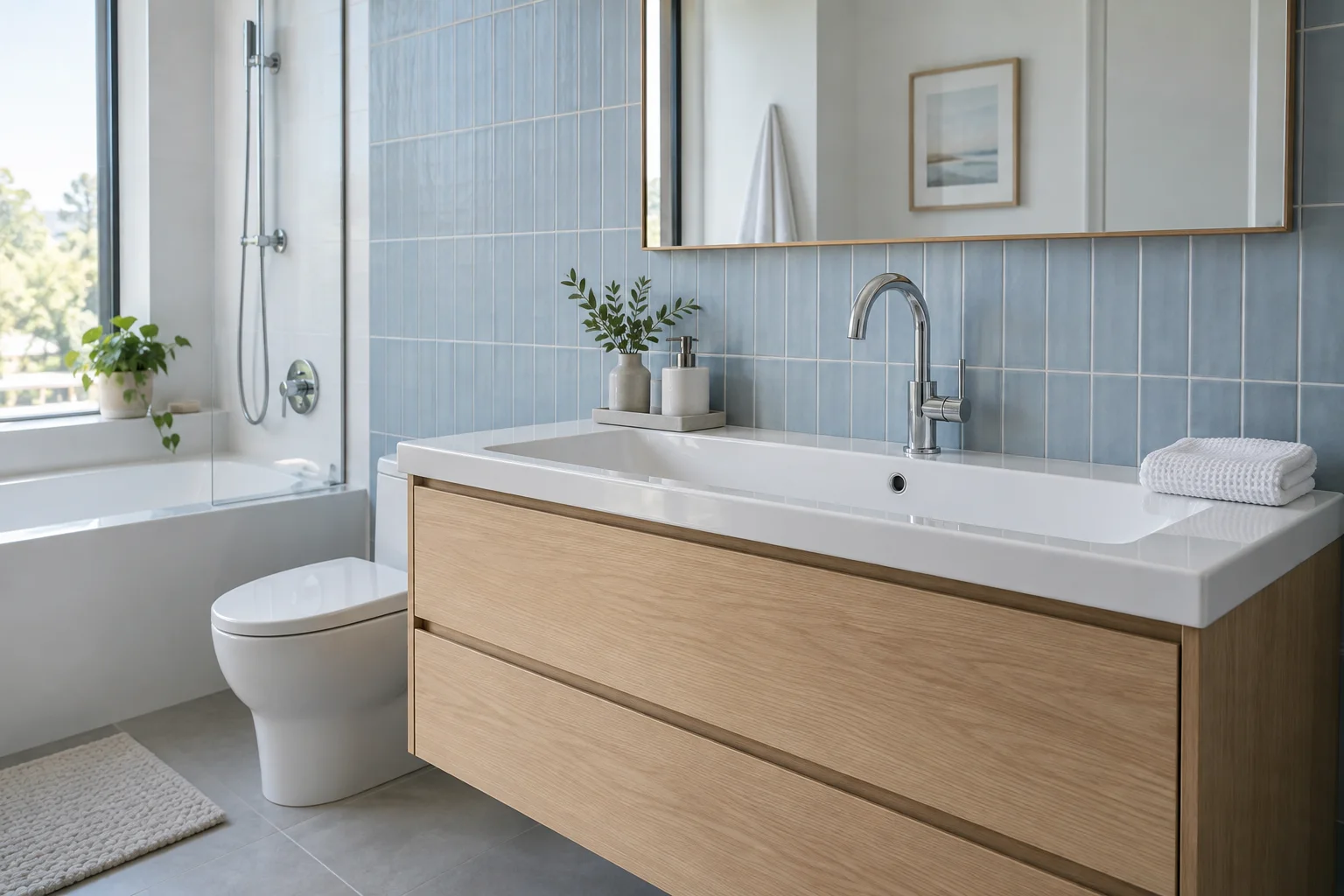 Blue tiled bathroom with a white basin, chrome tap and oak vanity