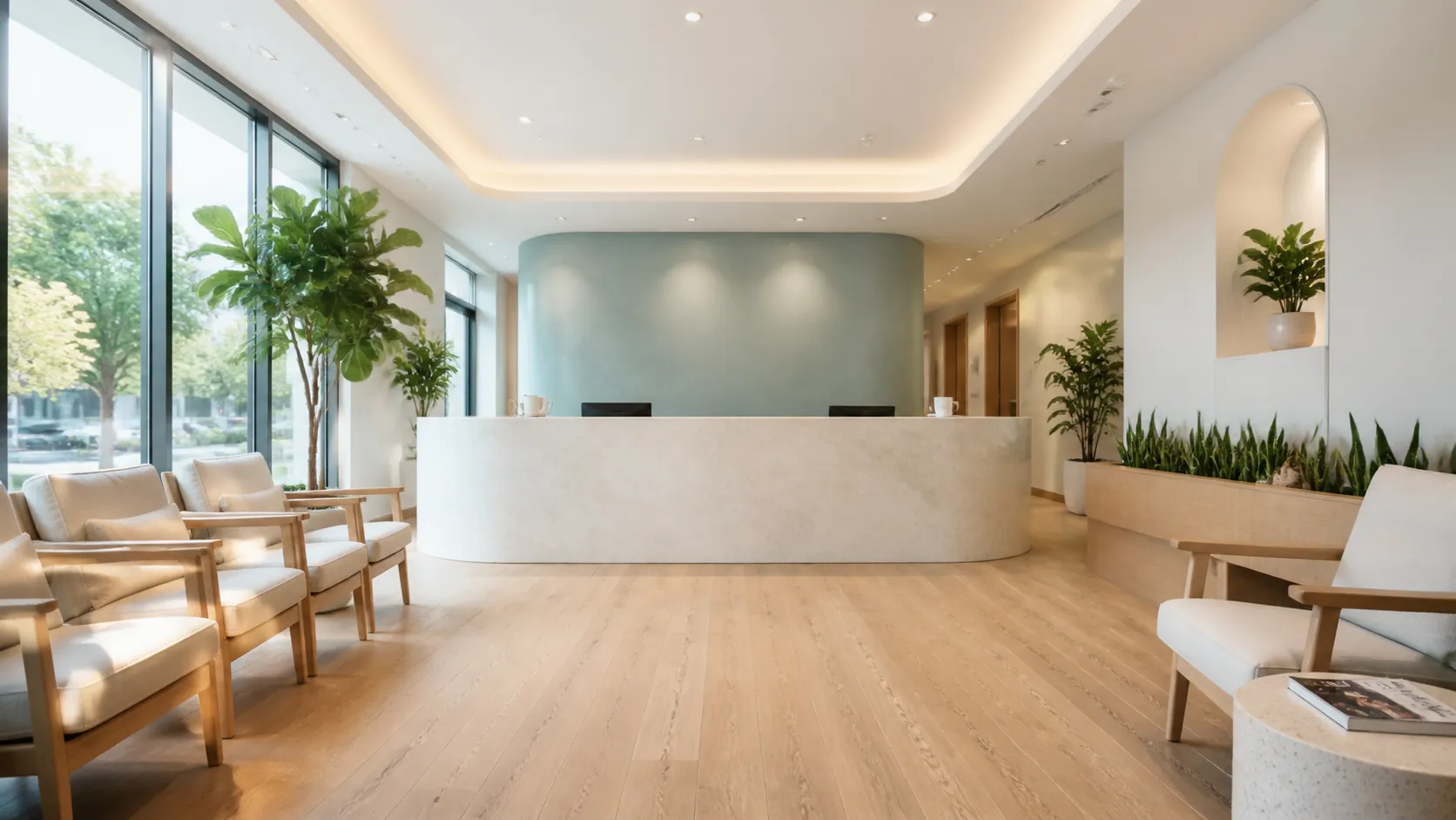 The Shoreline reception, sun-filled with a mist-cyan accent wall