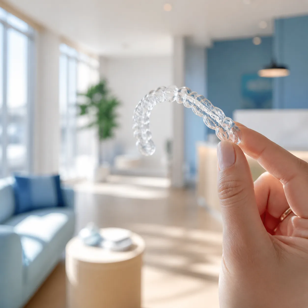 A clear Invisalign tray on a soft surface